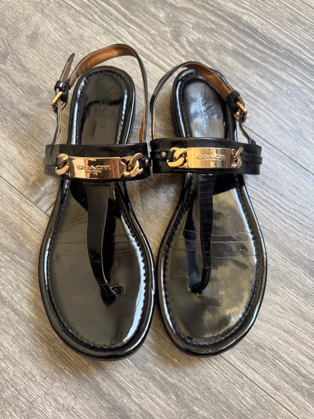 Coach Black Patent Leather Thong Sandals with Gold Plate